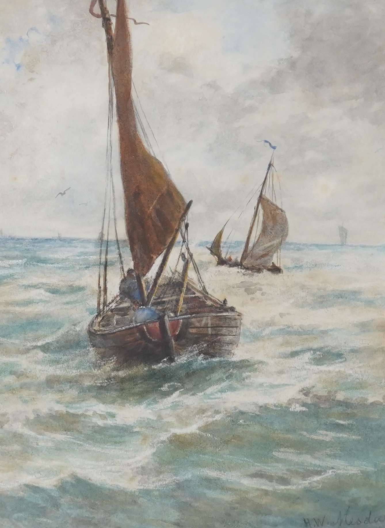 After Hendrik Willem Mesdag (Dutch, 1831-1915), watercolour, Fishing boats at sea, bears signature, 43 x 31cm. Condition - fair